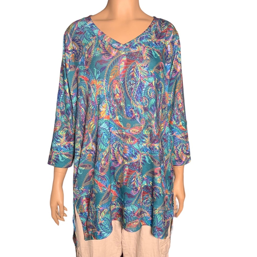 Soft Surroundings Womens Top Wild Paisley V Neck Long Sleeve Tunic Size Medium M